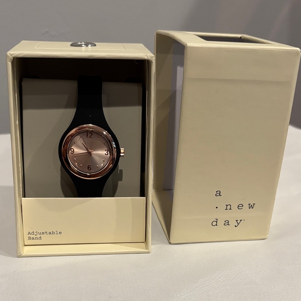 A New Day Men's Watch with Black Band and Rose Gold Dial